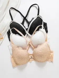 Women's Lace Patchwork Bra Set, Front Buckle and Cross Straps Design, Comfortable Chic Elegant Fashion, Perfect for Daily Wear, Boost Confidence and Medium Support