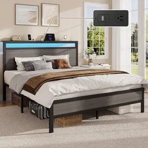 Bed Frame With LED Light , Industrial Platform Bed Built-In Charging Station, 1-Tier Storage Headboard, Under Bed Storage Space, No Box Spring Required, Noise-Free,Rustic Grey
