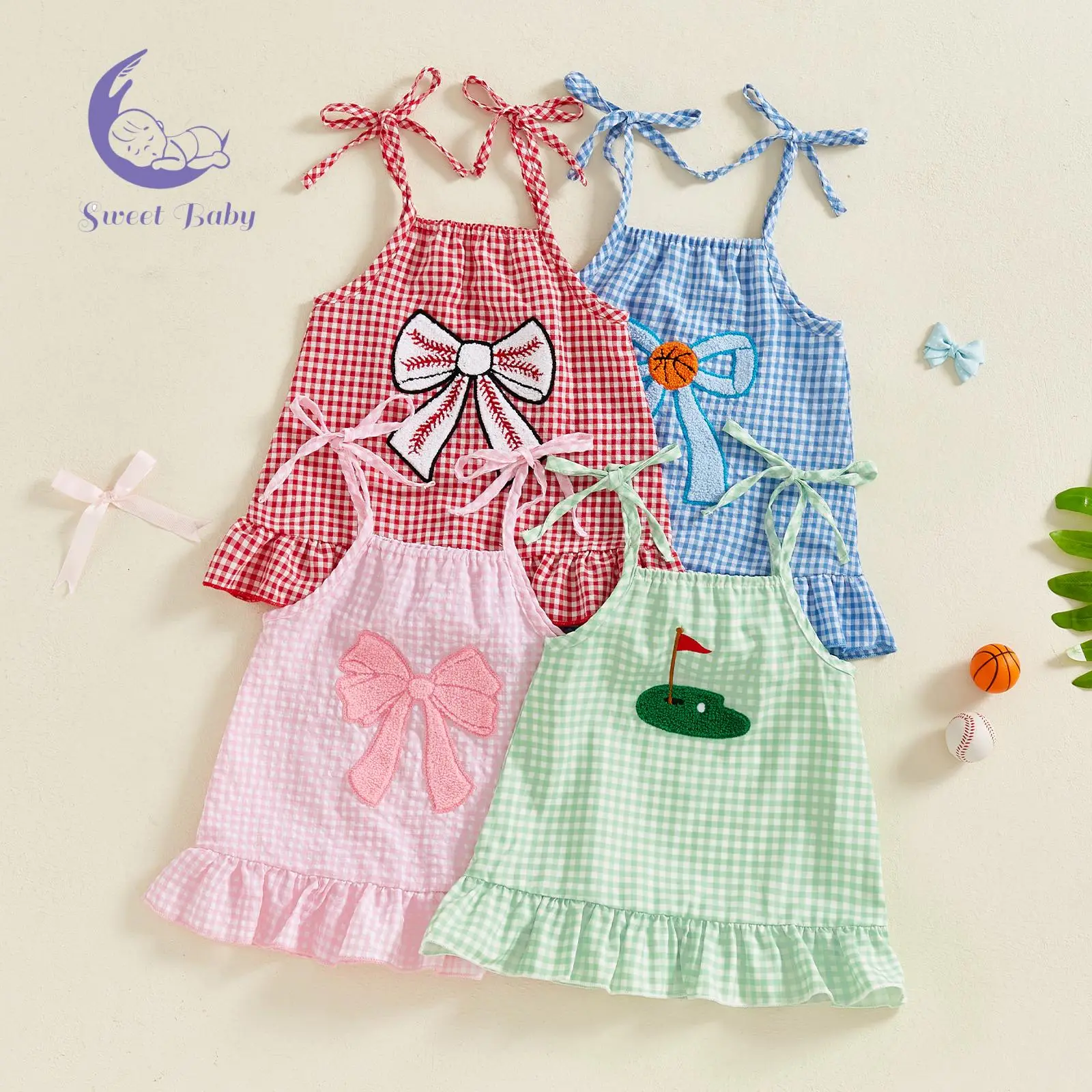 Toddler Girl Summer Sleeveless Dress Golf Embroidery Plaid Print Tie-up Spaghetti Strap A Line Dress