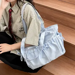 Sweet Ballet Style Girl Tote Ruched Bow Chic Student Preppy Style Shoulder Bag Large Capacity Cute Elegant Handbag