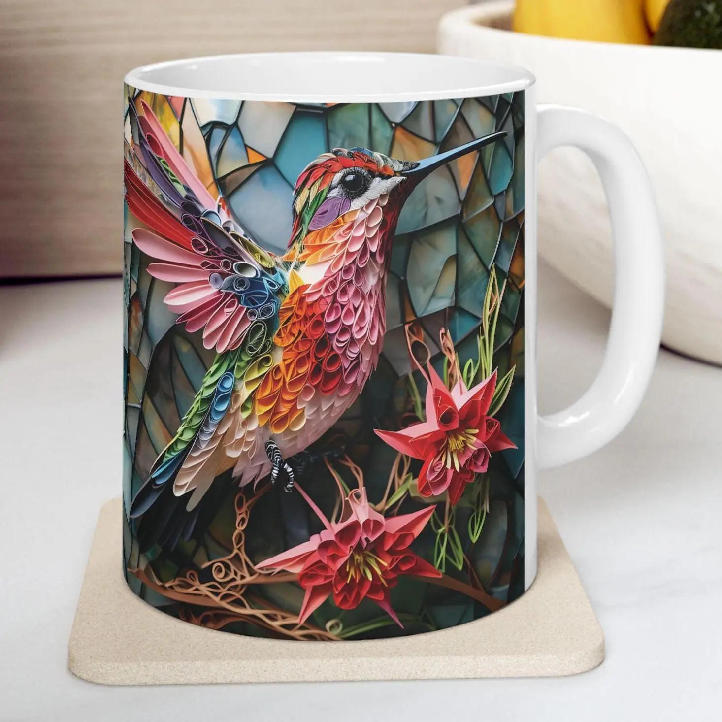 Stained Glass Hummingbird Mug, Bohemian Coffee Cup, Colorful Ceramic Drinkware, Artistic Tea Mug, Unique Gift for Bird Lovers Mug