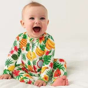 Bamboo Zippy Pajama Tropical Fruit Print Sleepwear Loungewear for Babies Ultra Soft Breathable Hypoallergenic with Convertible Cuffs & Double Zipper