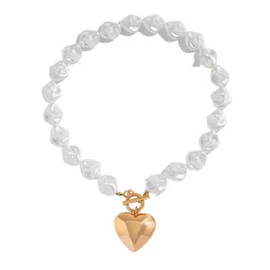 Jewelry Set with Flat Beads and Imitation Pearls