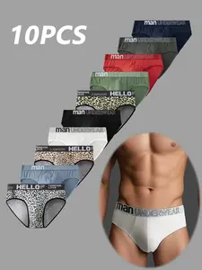 Men's Comfortable Breathable Fashion Underwear Set, Pure Color & Leopard Print Design, Trendy Youth Style Triangle Panties