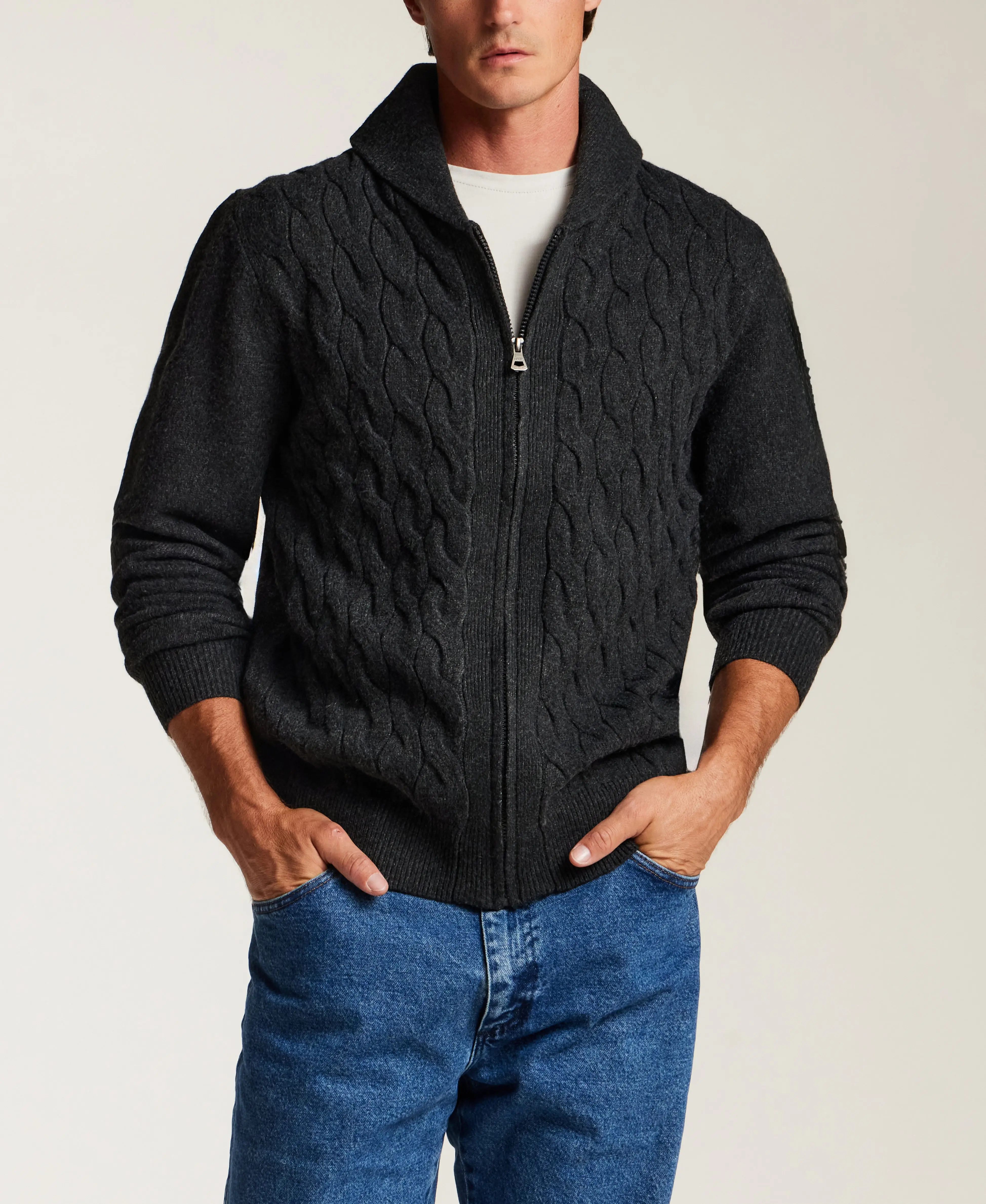 Shawl Collar Cable Sweater in Charcoal Heather