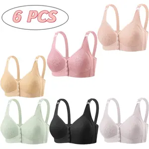 6-Pack High-Performance Underwear Front Closure Wire-Free Sports Bra Breathable Moisture-Wicking Push-Up Lingerie Adjustable Support Comfort Fit Mom Tank Style Women's Innerwear for Workout and Everyday Comfort -RR