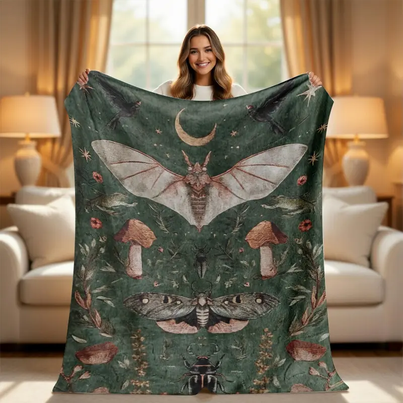 Vintage Moth and Mushroom Woven Tapestry Blanket, Goblincore Cottagecore Aesthetic Throw Blanket, Sage Green Forest Witchy Room Decor Couch Blanket