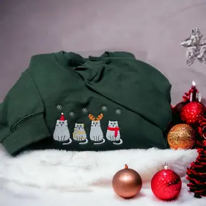 Cat Christmas Sweatshirt Embroidered