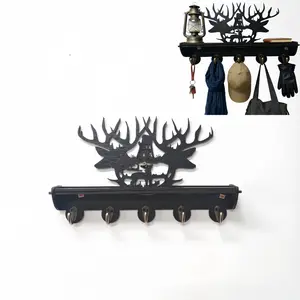 Wooden Deer Antler Wall Hook Rack, Wildlife Art Home Storage, Decorative Shelf for Entryway, Hallway, Cabin, 5 Metal Hooks