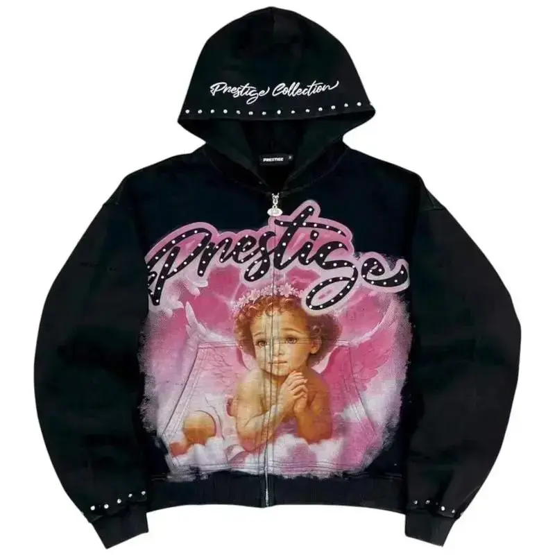Angel Graphic Pink Black Hoodie – Trendy Urban Fashion Sweatshirt