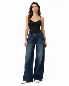 Women's Front Zipper Full Body Shaper - High Compression Seamless Tummy Control Underwear, Asymmetrical Low-Waist Jeans, High-Waist Wide-Leg Pocket Pants for Casual Streetwear | Womenswear Style