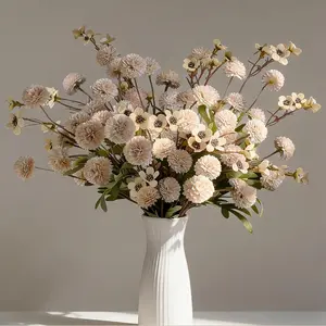 13Pcs Faux Kiku Flowers for Vase – Long Stem Artificial Flowers with Wax, Fake Chrysanthemum Pom Pom Stems, Dried Flower Floral Arrangement for Centerpieces, Indoor Home Decor (No Vase)