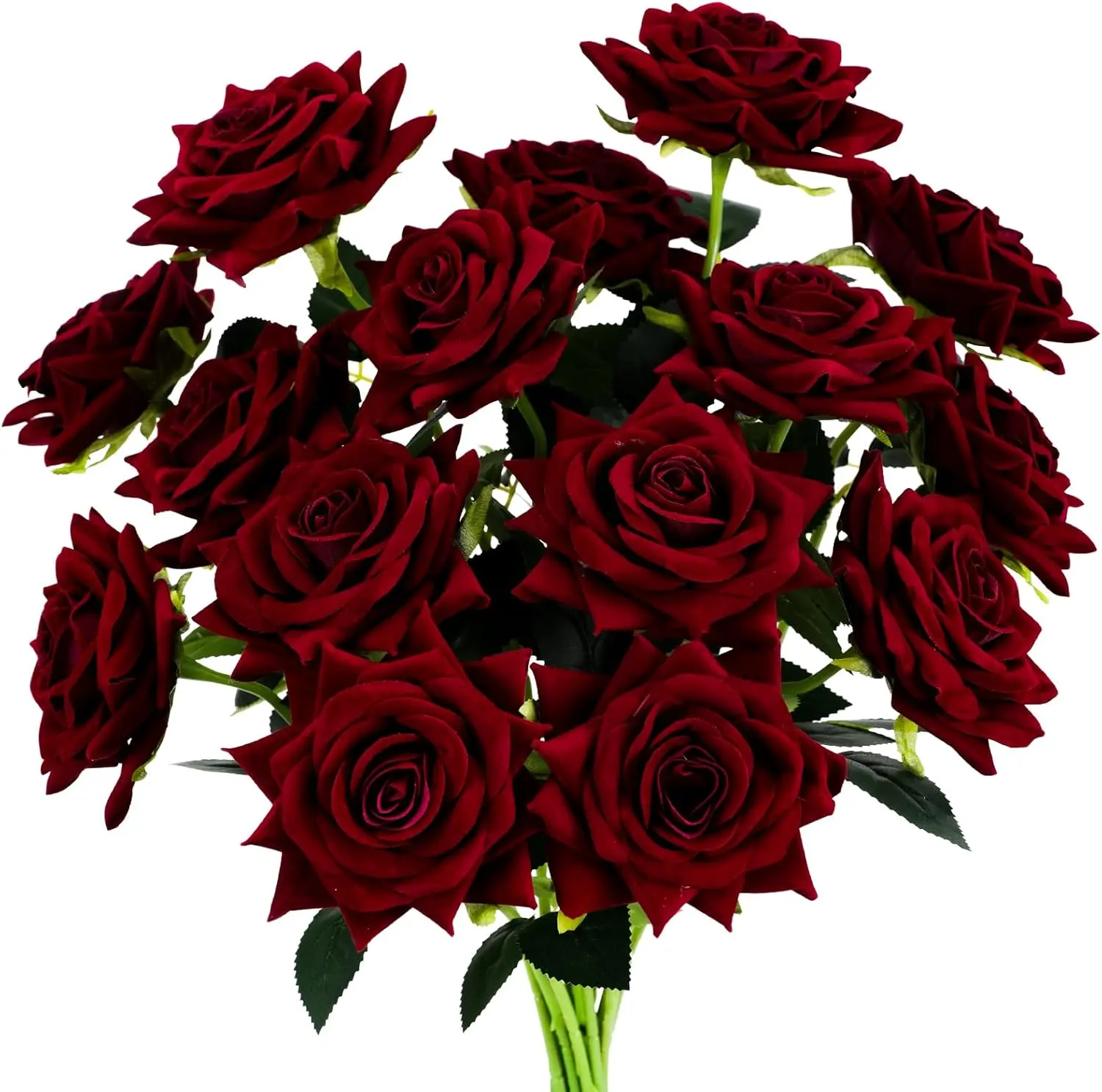15PCS Burgundy Roses, Artificial Flowers 4.33" Velvet Flowers with Long Stem Fake Roses for Mom, Wife, Anniversary Birthday Valentine's Day Gift for