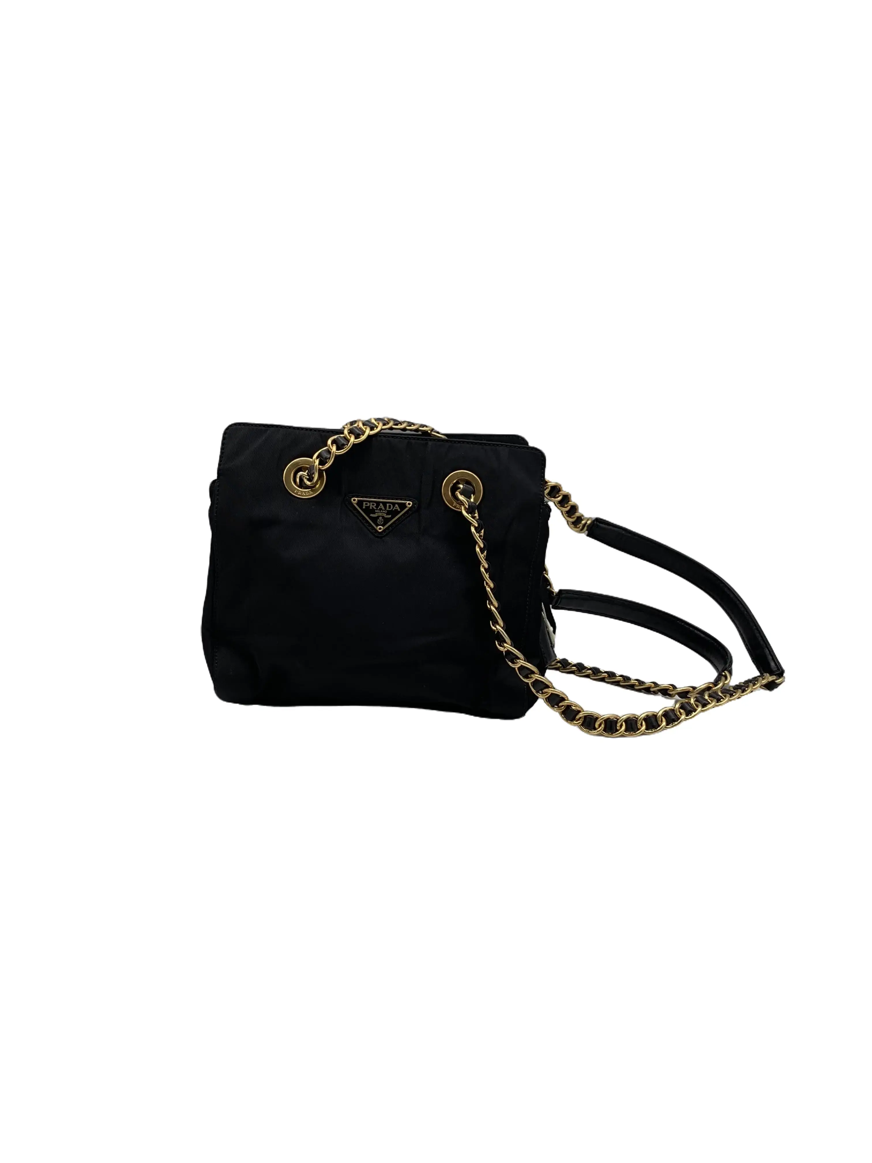 Pre-owned PRADA Black Nylon Triangle Logo Chain Tote Crossbody Bag/WJ01523018/3018