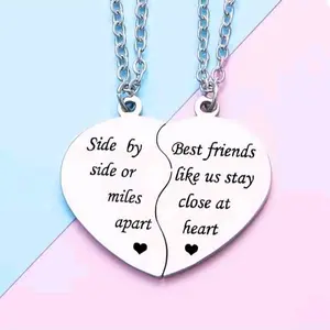 Best Friends Necklace Set - Side by Side or Miles Apart - Heart Design - Perfect for Besties - Silver Chain - Gift for Best Friends