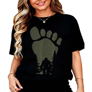 100% Cotton Unisex Sasquatch Or Bigfoot In The Forest Footprint Round Neck Short Sleeve T-Shirt Women's Men Graphic Tee