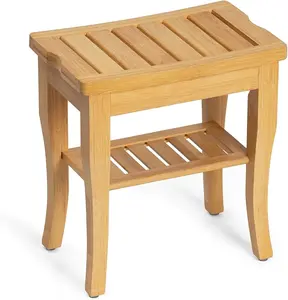 Bamboo Shower Bench, Spa Small Shower Stool for Inside Shower Waterproof, Bathroom Bench Seat with Storage Shelf for Adults Elderly Seniors, Wood Chair for Indoor or Outdoor Use, Natural