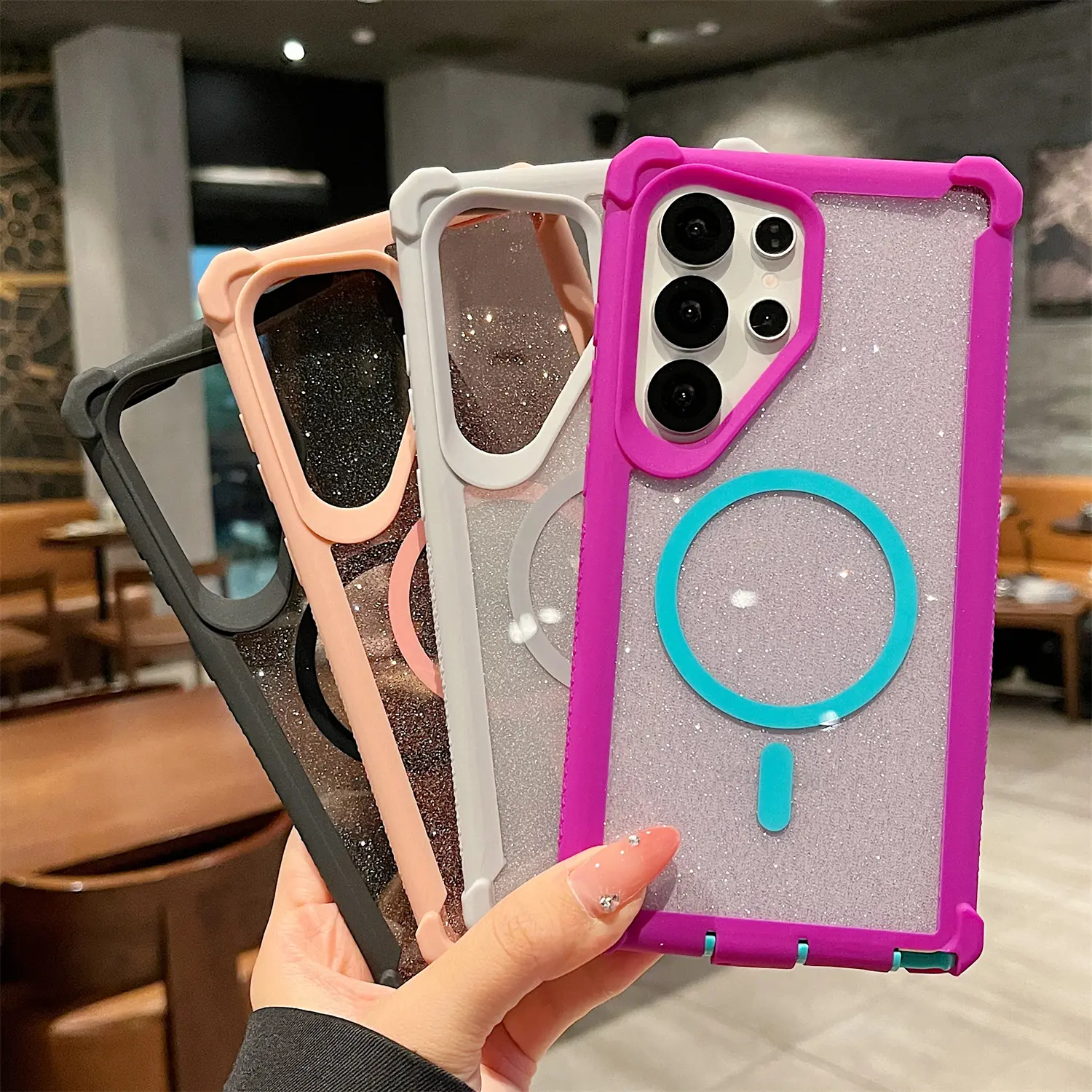 Shockproof Sparkly Glitter Magnetic Case For Samung Galaxy 26 Ultra 25 24 Plus 23 22 Note20Ultra,Anti Drop Dual Layer Transparent Phone Cover for Girls Women