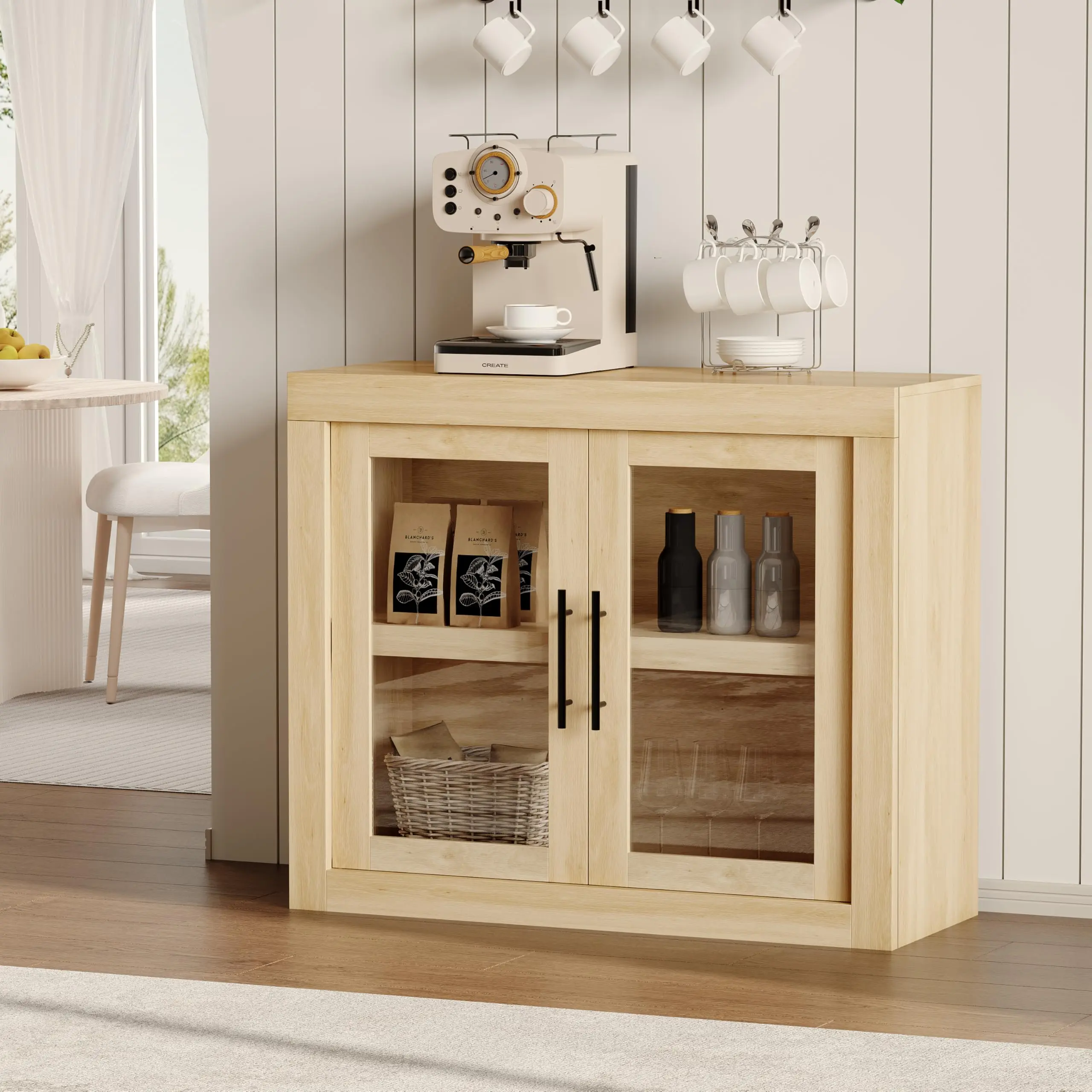 Garvee 35.4 in Sideboard Buffet Cabinet with Storage, Mid Century Modern Accent Cabinet with 2 Glass Doors, Wood Coffee Bar Media Console Credenza for Living Room, Kitchen, Hallway