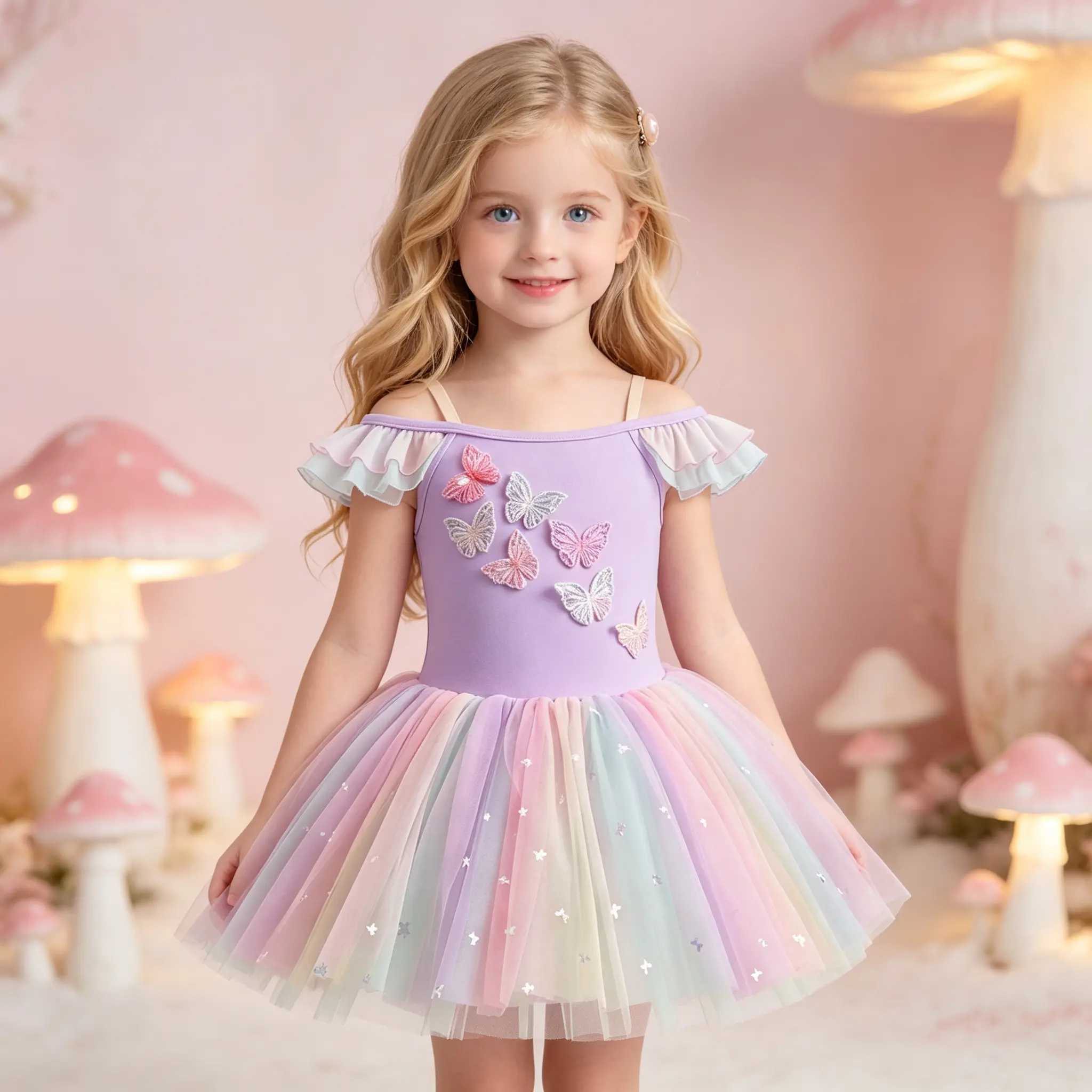 Girls Princess Tutu Dress, Stretch Sweat-Wicking Fabric Off Shoulder Ruffle Sleeve 3D Butterfly Appliqué Rainbow Sequin Tulle Ballerina Costume for Daily Ballet Class & Stage Recital