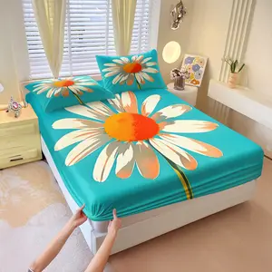 Teal Daisy Printed Fitted Sheet Set, Includes 1 Fitted Sheet & 2 Pillowcases without Filler, Oversized daisy & teal base, fresh & eye-catching, soft and skin-friendly.