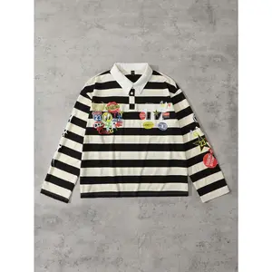 Men Letter Prep Striped Long Sleeve Casual Loose Polo Collar Sweatshirt, Fall