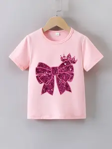 Girls' Summer Short Sleeve Cartoon Print T-Shirt, Sparkle Crown Bow Design, Casual Fitted Tee for Kids