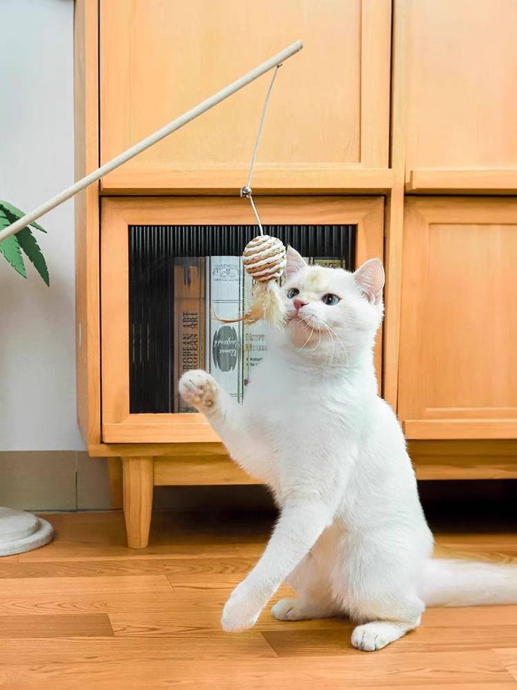 Handcrafted Natural Wood Cat Teaser Wand Toy with Durable Jute Rope Mouse, Real Feathers and Jingle Bell - Interactive Log Teasing Stick for Indoor Cats, Kittens, Exercise and Hunting Play