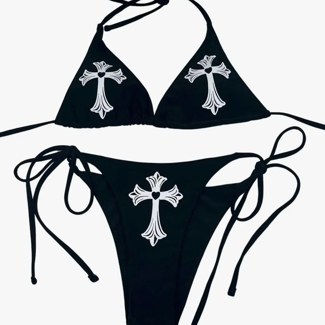 Gothic Cross Heart Y2K Bikini Set - Black All Sizes NT6 8ZE