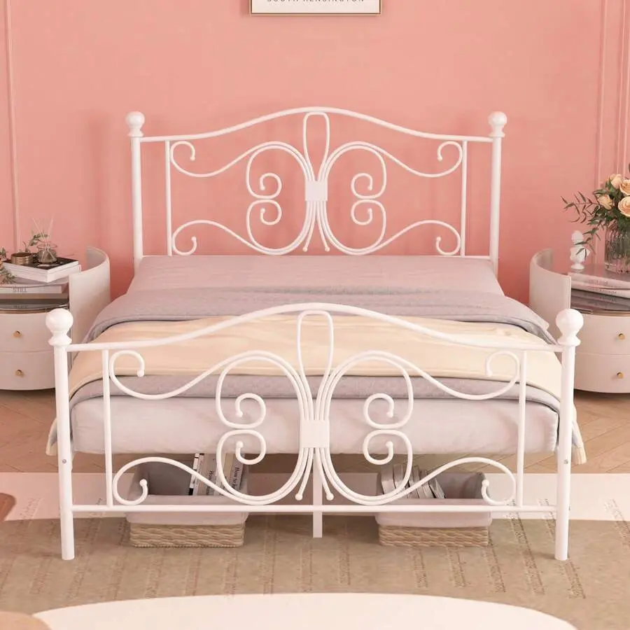 Twin/Full/Queen Size  Frame, Metal Platform  With Vintage Butterfly Pattern Headboard & Footboard, Underbed Storage, No Box Spring Needed, Easy Assembly, Noise-Free, White/Black bed