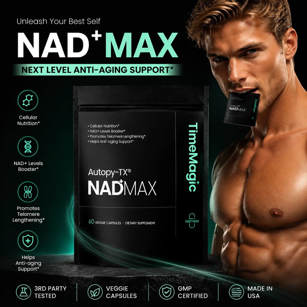 TimeMagic NAD+ Max for Men-Liposomal,Energy Support,Wrinkle Defense,Complex with Liposomal NR, L-Ergothioneine, Ca-AKG,Spermidine, PQQ,Black Seed Oil&Black Pepper Extract,Supports Cellular Renewal, Energy & Performance - 30 Capsules Dietary Supplement