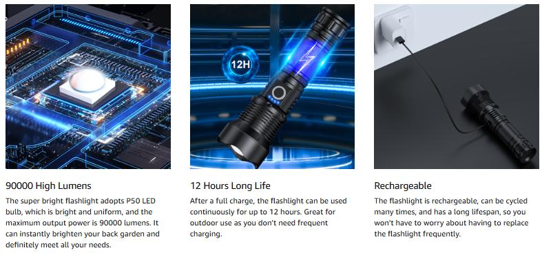 Rechargeable Flashlights 90000 High Lumens - 2 Pack, Super Bright 12 Hours Long Life LED Flashlight with 5 Modes, High Powered Flash Light for Home, Outdoor