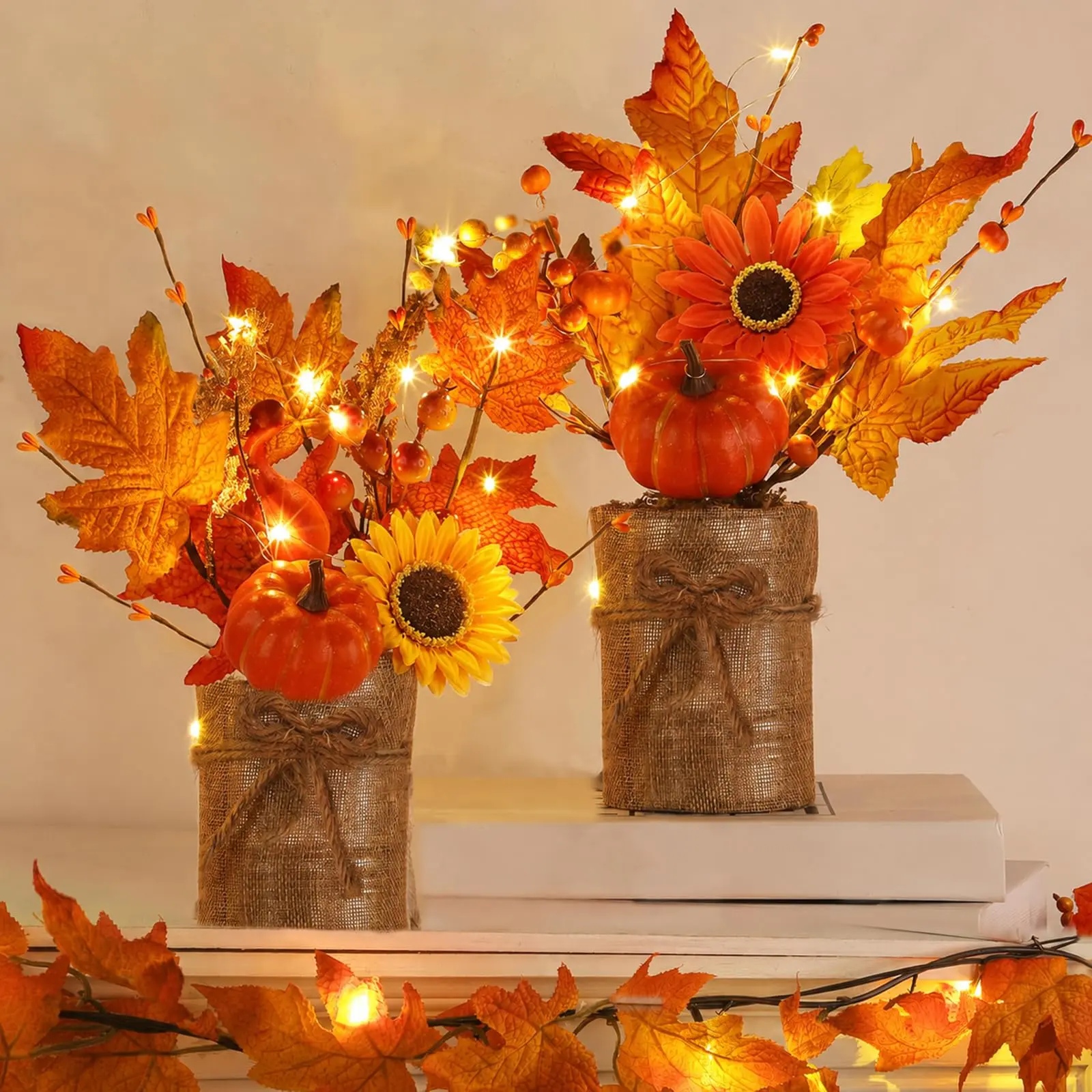 [2-Style] 2 Pack 13 Inch Fall Decor Table Centerpiece with Lights 20LED Maple Arrangement Potted Pumpkin Sunflower in Burlap Fall Decorations for Home Kitchen Office Autumn Thanksgiving
