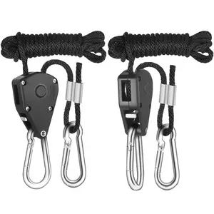 1/8" x 6ft Heavy Duty Ratchet Strap with Quick-Release Hooks, 150 Lb Capacity, Plastic Geared Cargo Tie-Down, 2-in-1 Metal Pulley Hanging Rope for Grow Lights, Tent Adjustable Lift Rope, Outdoor Multi-Use Straps