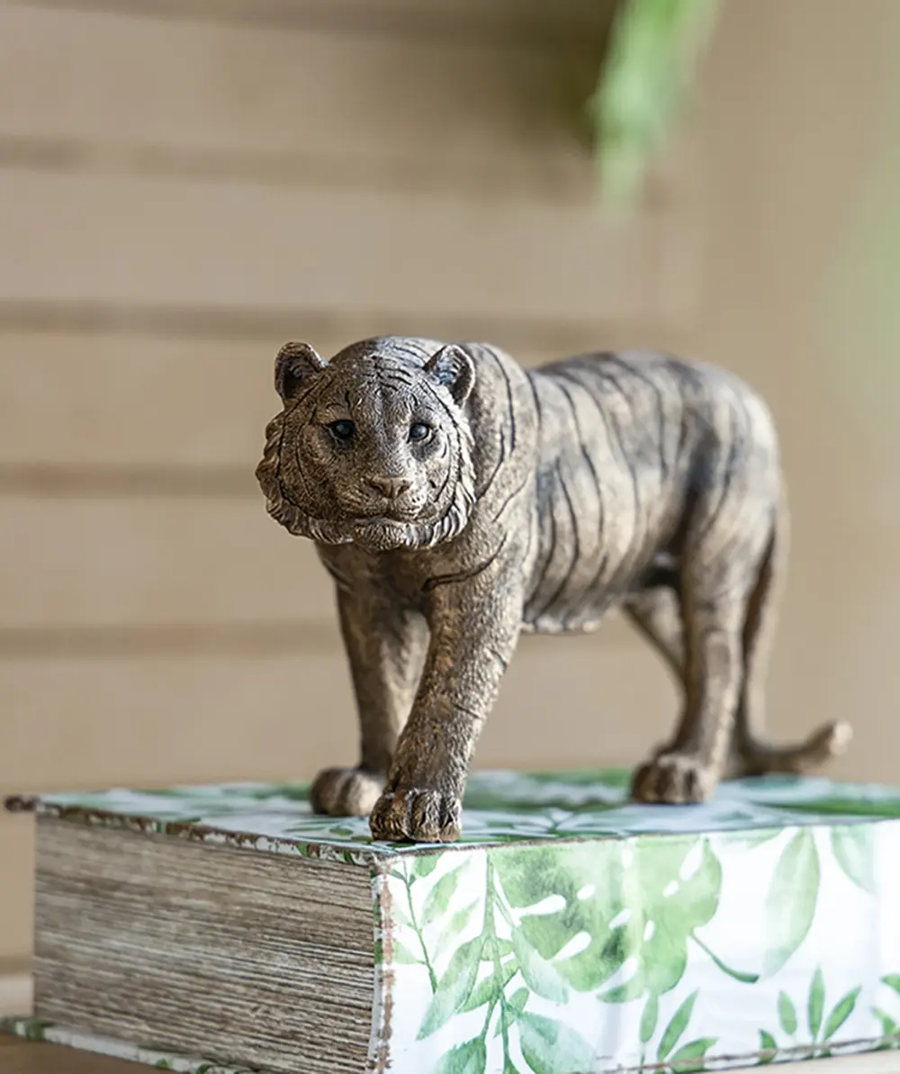 Tiger Statue Decor in Antique Gold Polyresin, 11.5 Inches Long, Exotic Accent for Home or Office