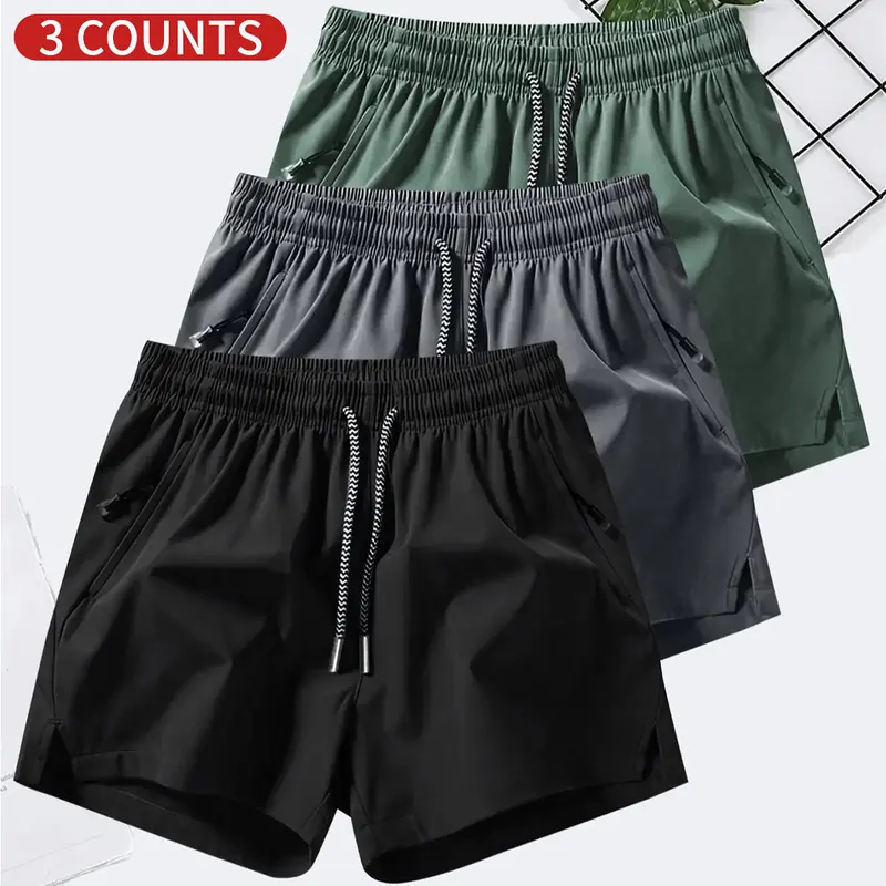 Men's 3-Pack Woven Plain Solid Color Drawstring Elastic Waist Gym Shorts - 3-Color Mix, Above the Knee, Casual Athletic Bottoms with Pockets, Breathable Cool Comfortable, Summer Daily Athleisure Menswear (Tropical Beige)