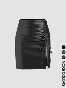 Women's Solid Color Pu Skirt, Fashionable Zipper Ruched Short Skirt for Daily Outdoor Wear, Ladies Bottoms for All Seasons
