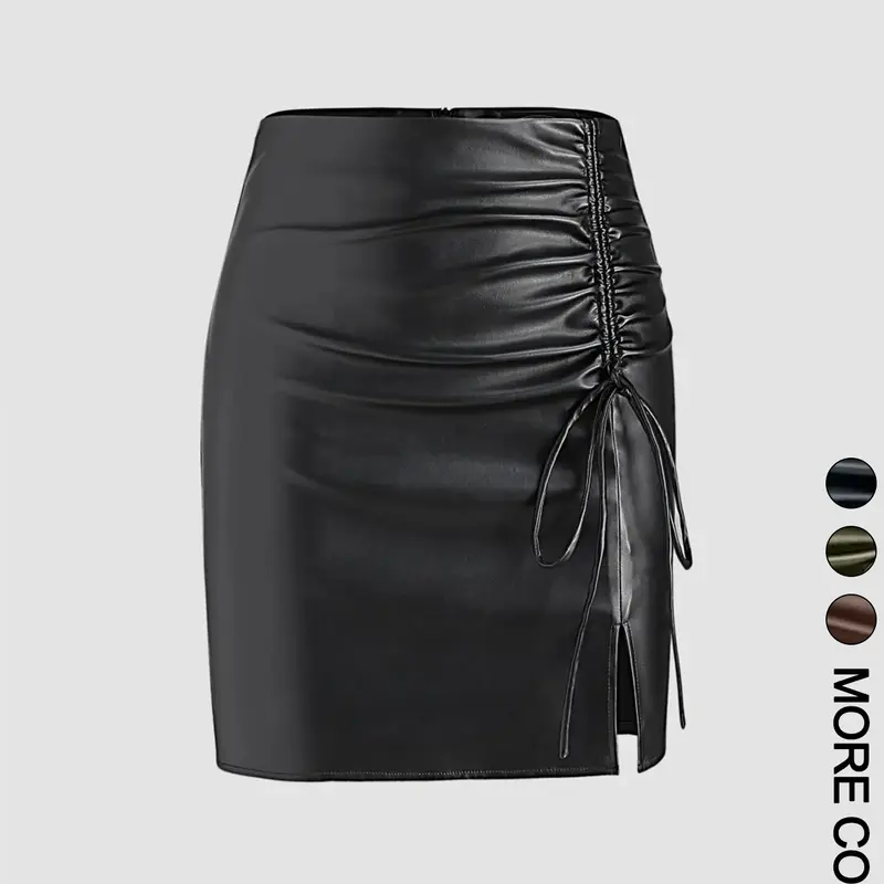 Women's Solid Color Pu Skirt, Aesthetic Fashionable Zipper Ruched High waist Short Skirt for Daily Outdoor Wear, Ladies Bottoms Fit for All Seasons, Mini Skirts
