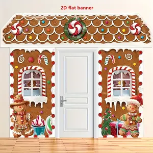 2D Door Banner, 3pcs door cover set, lovely background cloth gingerbread door decoration, candy photo banner decoration Wall Window Classroom Office Home Indoor Outdoor Holiday party supplies Banner background decoration