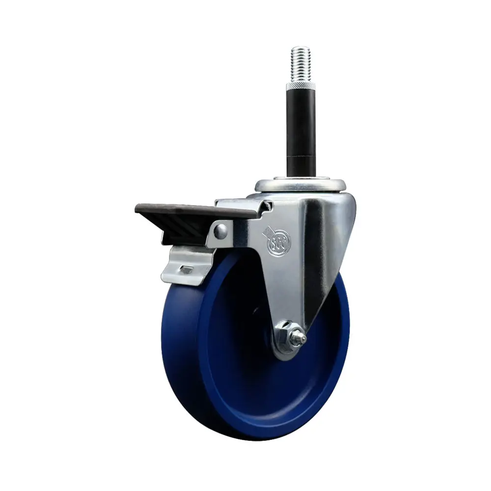 Service Caster SCC-EX20S514-SPUS-PLB-34 Solid Polyurethane Expanding Stem Swivel Casters, 5 in. Blue Wheel, 0.75 in. Stem, Posi Locking Brake, 300 lbs Capacity for Shop Projects & Work Tables