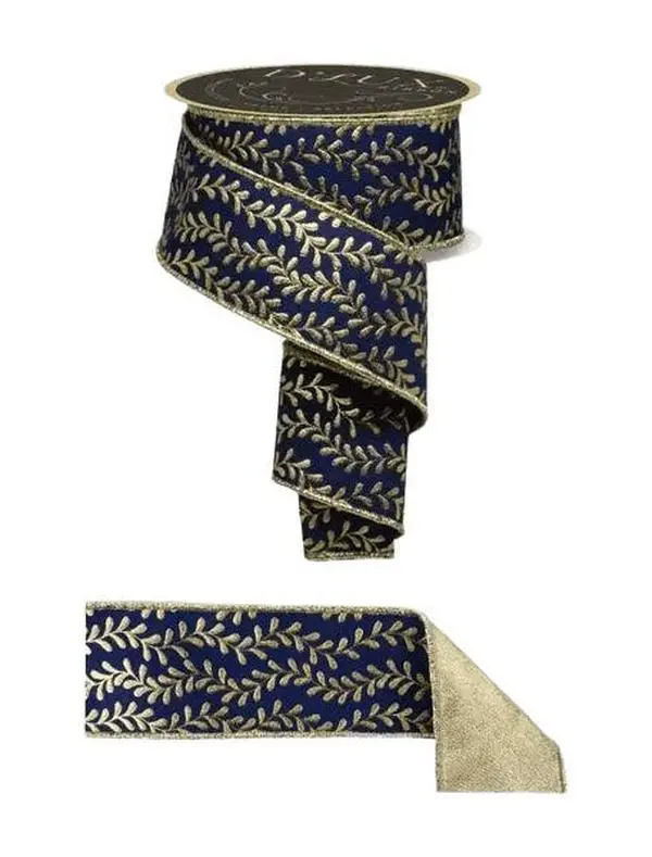 2.5" x 10yd D'Lux Foil Leaf Garland Fused Ribbon – Navy Blue & Gold