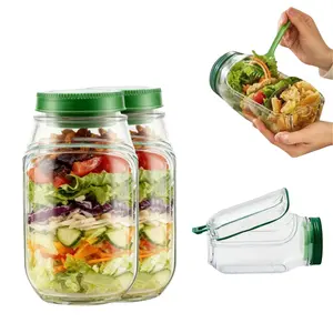 【2-pack】Salad Jar-(Mason Jar Style), Salad Jar with Side Opening for Lunch,FitnessPortable,Suitable for Home, Outdoor, Travel and Party, Work,FitnessPortable,Keeps Food Fresh ransparent Bowl