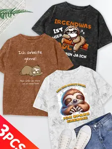 Women's 3-Piece Acid Wash Crew Neck T-Shirt Set, German Slogan Sloth Series Print, Multiple Colors Available, Machine Washable, Spring & Summer Top, Soft Skin-Friendly Fabric, Daily Versatile, Fashion Design