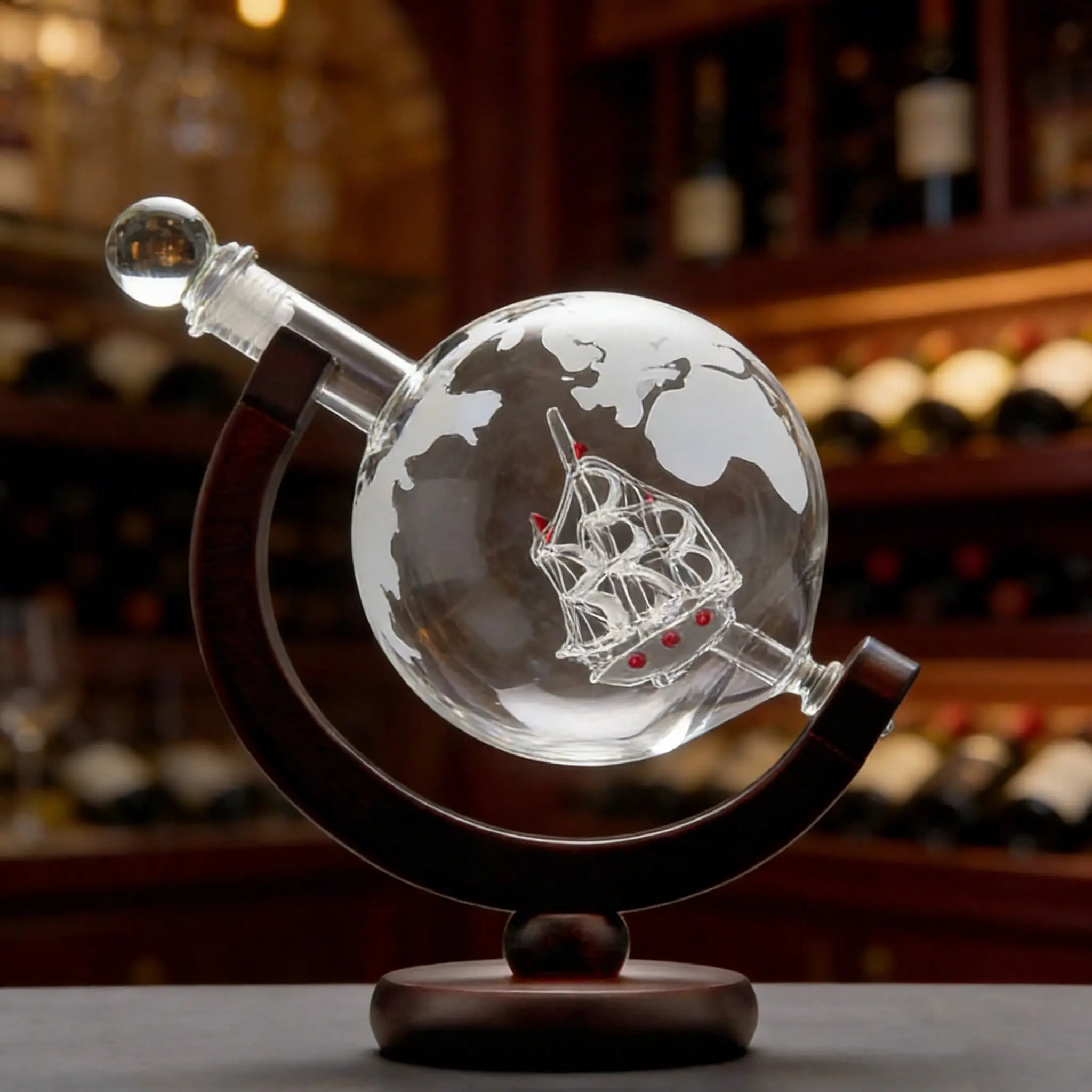 Globe Decanter with Sailboat, Creative Handmade Whiskey Glass Bottle, High Borosilicate Glass Wine Dispenser, Unique Liquor Container for Whiskey Brandy Vodka, Home Bar Decor & Premium Gift for Men