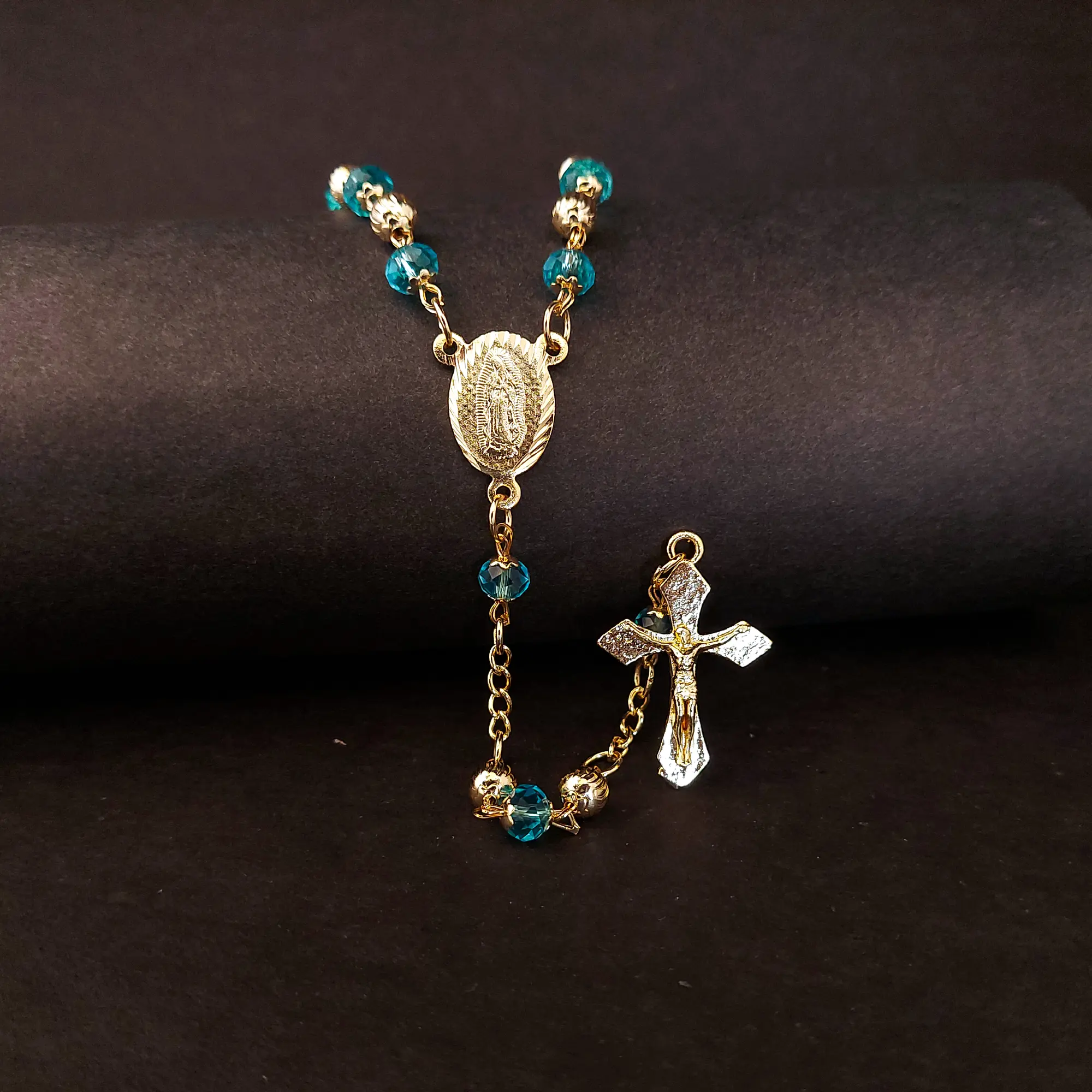 Our Lady of Guadalupe Rosary (Turquoise Glass Beads, Gold Plating)