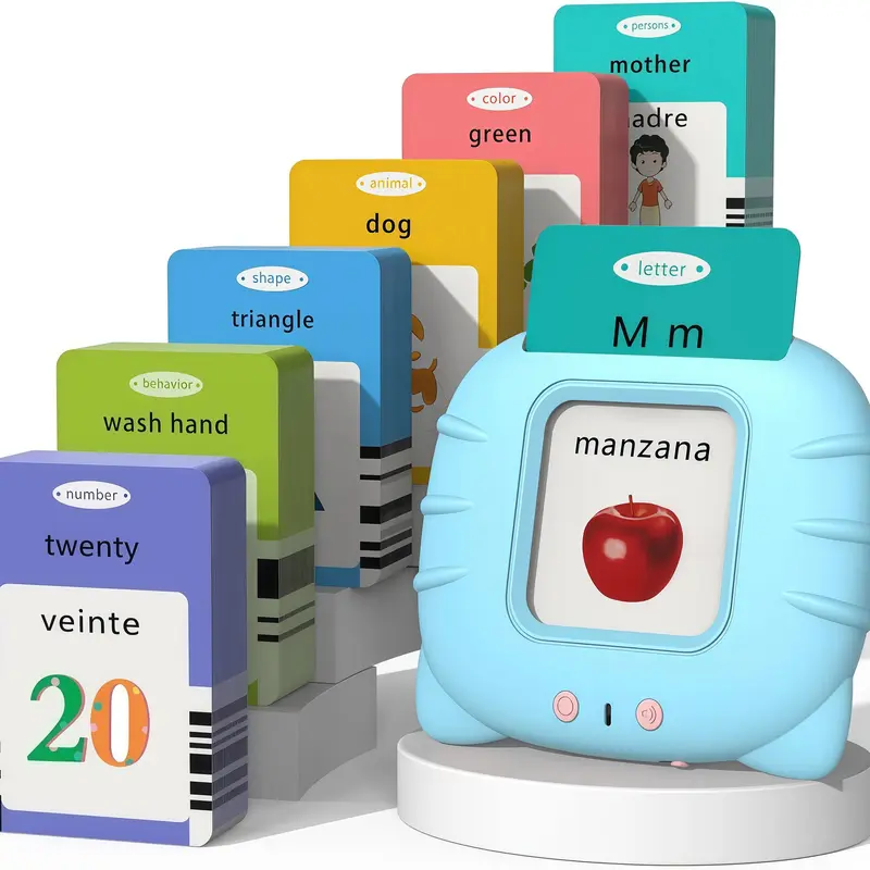 KIDGENIUS Unisex Bilingual Talking Flash Card Reader - English-Spanish Vocabulary Flashcards, 2-Lang Language Learning Toy, Batteries-Included Screen-Free Tool for Early Age Kids 2-6, Boosts Bilingual Skills & Interactive Experience