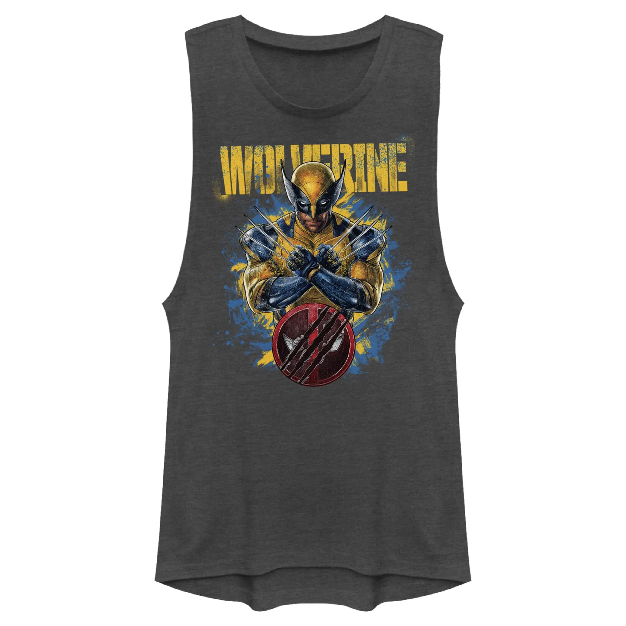 Women's Fashion Sleeveless Printed Marvel Deadpool & Wolverine Claws Muscle Tee - Distressed, Paint Splatter, Fit, Casual Festival Apparel