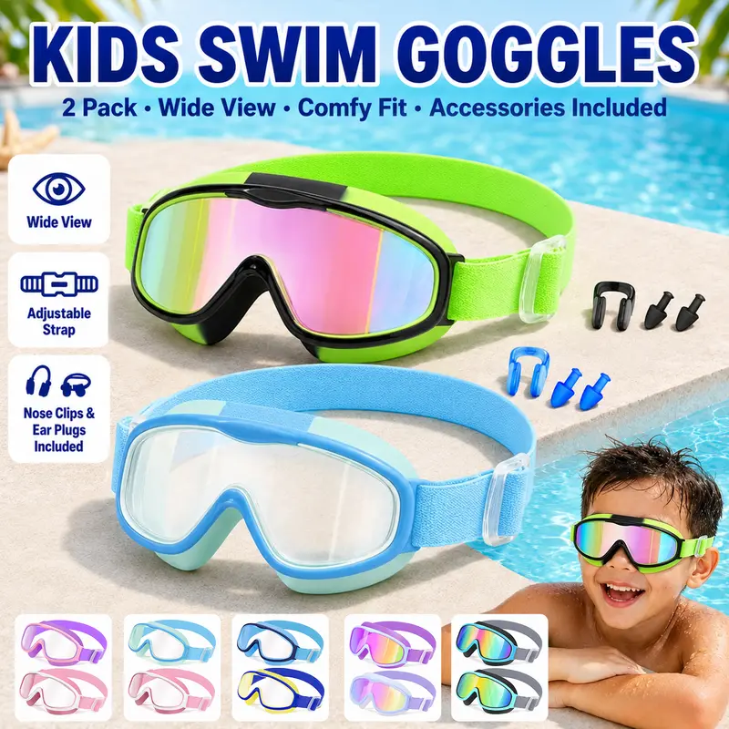 Vvinca Kids Swim Goggles for 3-12 Years Old - UV Protection, Anti-Fog, Wide View, No Leaking, Stretch Silicone+Fabric Comfort Strap, Swim Glasses for Pool & Beach, 01-Green & Blue Boys Girls Water Sports Gear