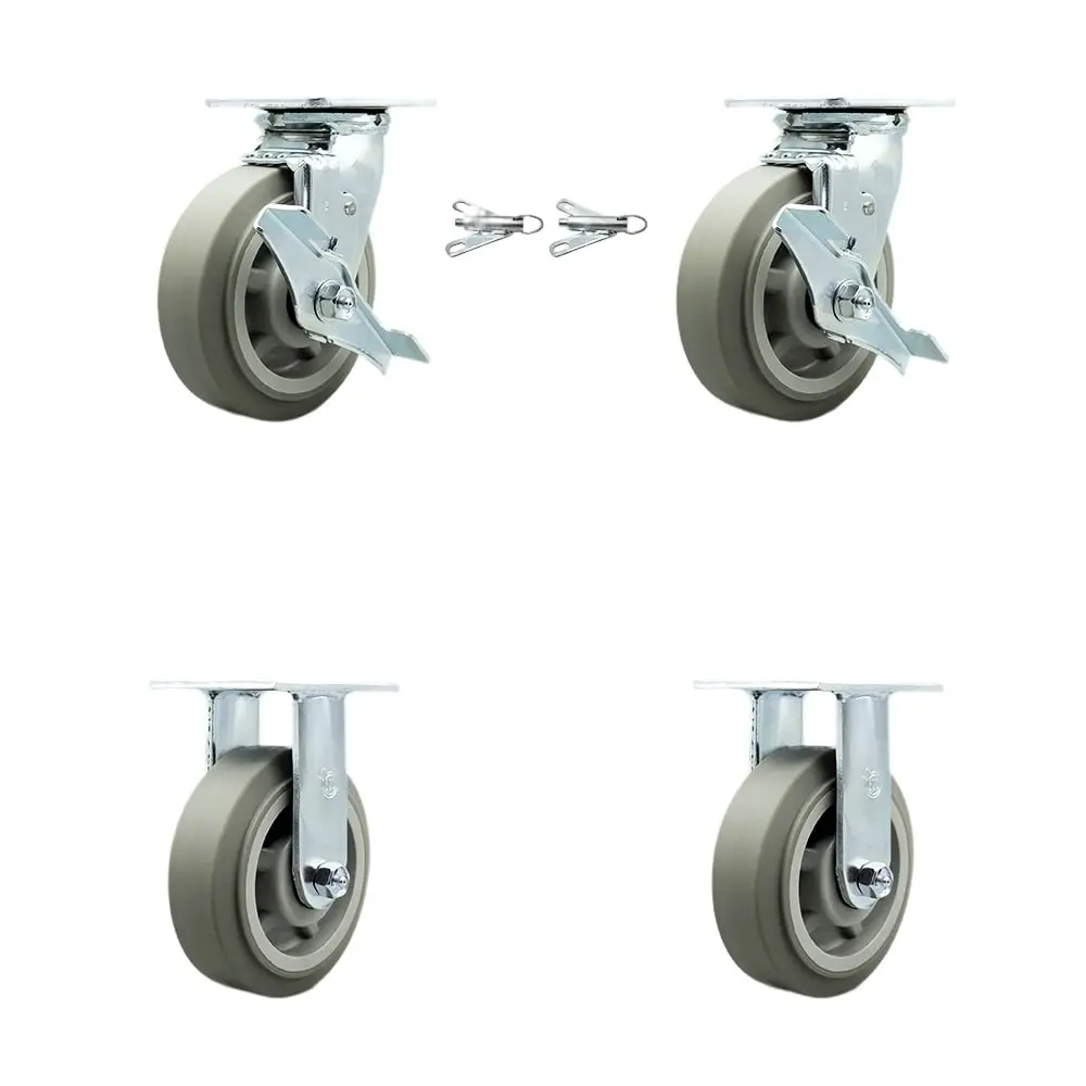 Service Caster SCC-30CS620-TPRBF-TLB-BSL-2-R-2 Heavy Duty Swivel Brake Castors (Set of 4), 6in TPR Flat Tread Wheels, Ball Bearings, Double Ball Bearing Heat Treated Raceways, 2000 lbs Capacity, 7.5"H x 12"W x 12"L for Commercial Equipment Dollies/Carts