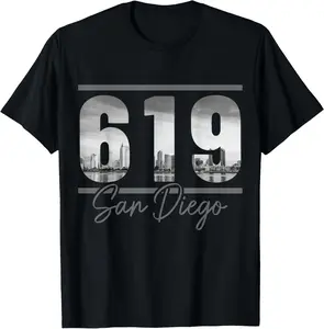 100%cotton San Diego 619 Area Code Vintage California Skyline T-Shirt